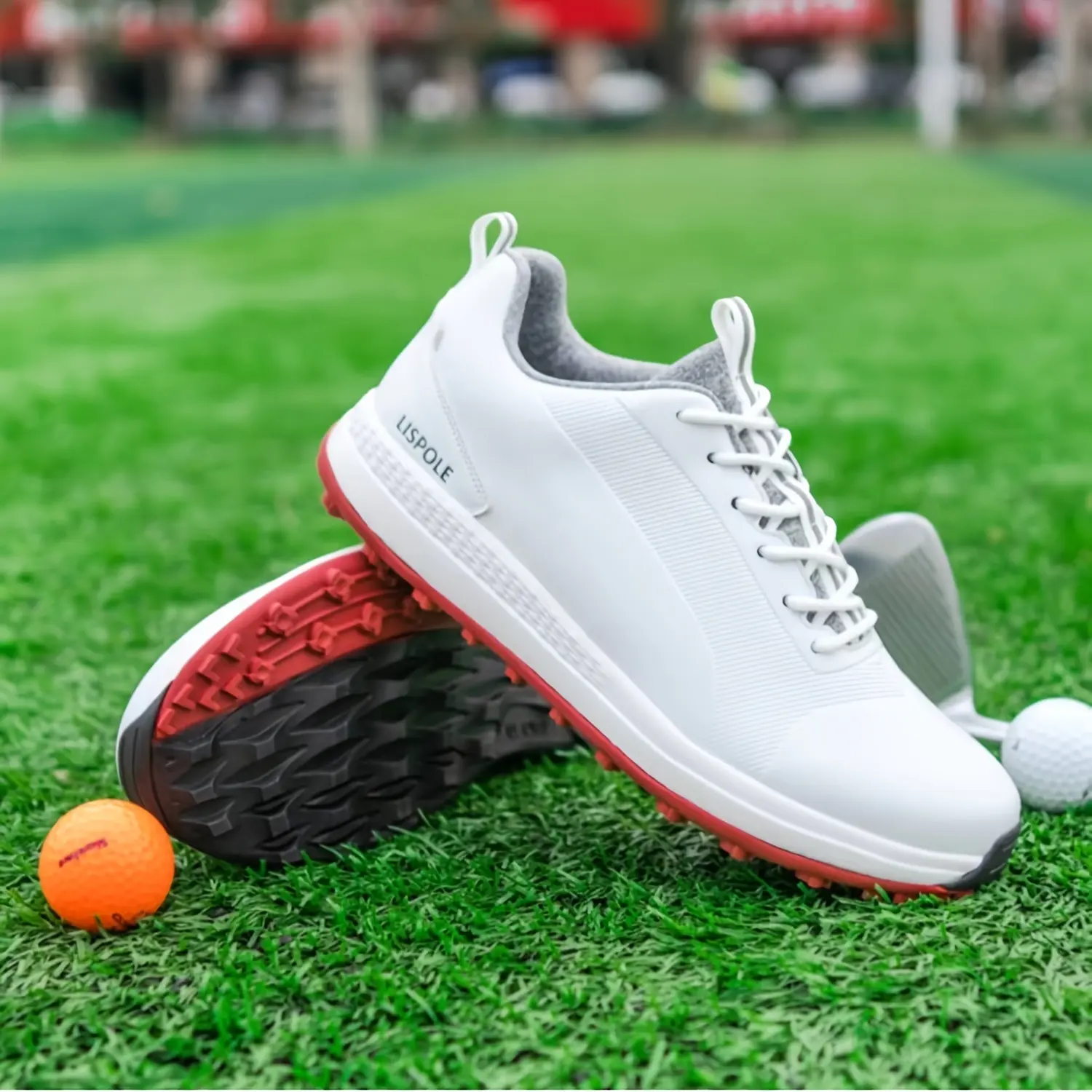 Men's Red Athletic Golf Shoes - Male All Seasons Sports Footwear with Contrast Sole, Fiber Fabric, Fashionable Choice Sporty Look Casual Sneakers
