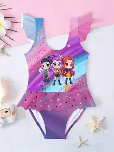 Girls' Kpop Demon Hunters Cartoon One-Piece Swimsuit, 3D Blue Gradient Wind Toddler Beach Swimwear, Ruffle Bikini Baby Bathing Suit, Swimmingsuits