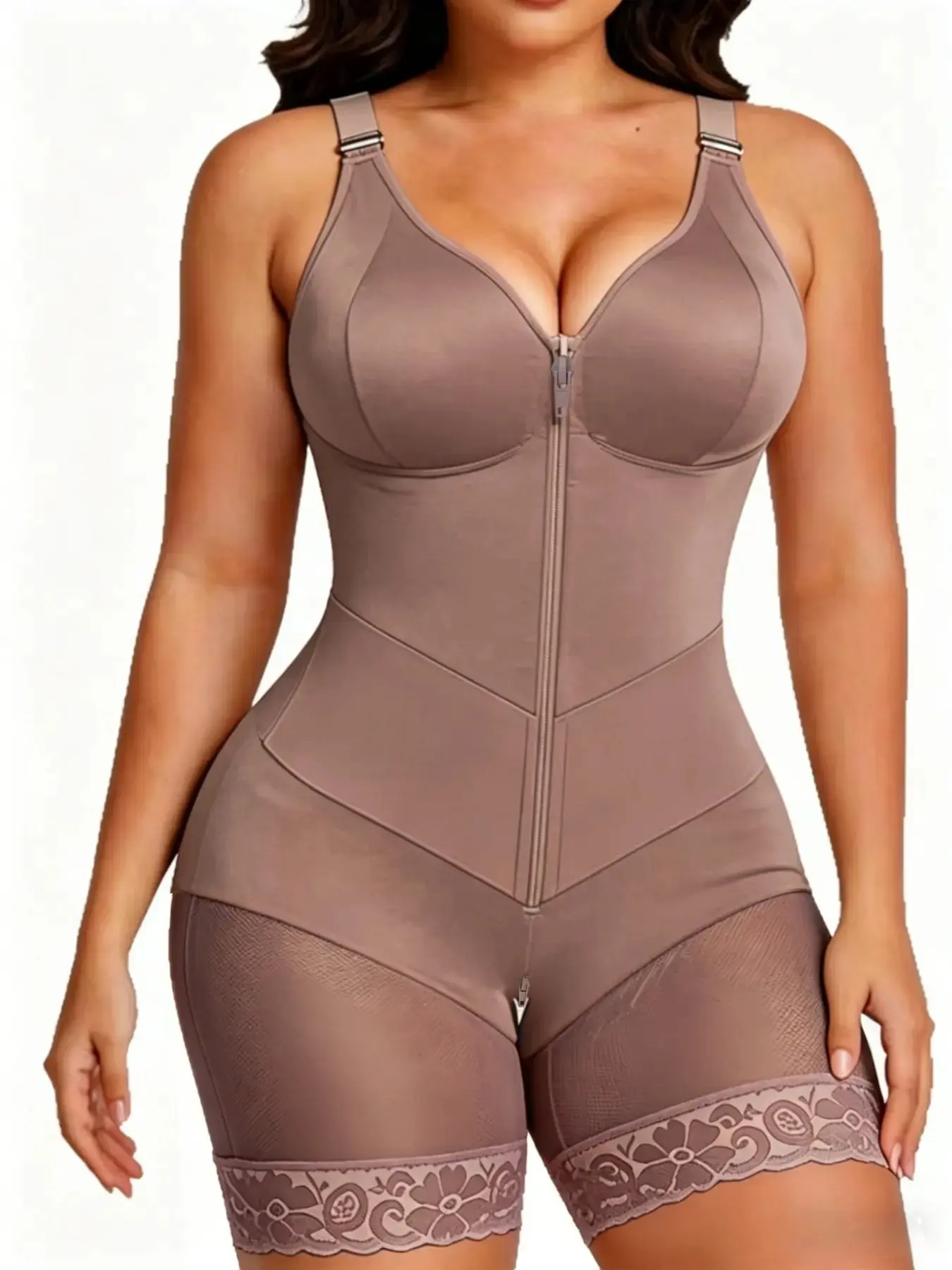1 Count Women's Underwear, Zipper Body Shaperwear, Colombian Shapewear, Lace Trim Body Shaper, Adjustable Shoulder Strap Shapewear Bodysuit, Zipper Closure Jumpsuit, Breathable Bodysuit, Butt Lifting & Tummy Control Shapewear