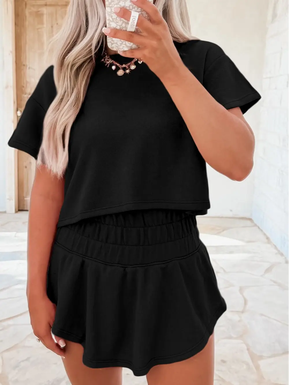 Cropped Tee and Ruffle High Waist Skort 2 Piece Set for Women, Casual Daily Outfit