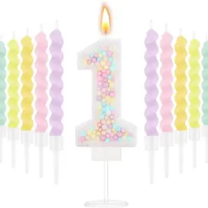 Macaron Pastel Glitter 3D Number Candle Set, Includes 12 Pcs Rainbow Spiral Candles in Holders, Perfect for Girls & Boys' Birthdays