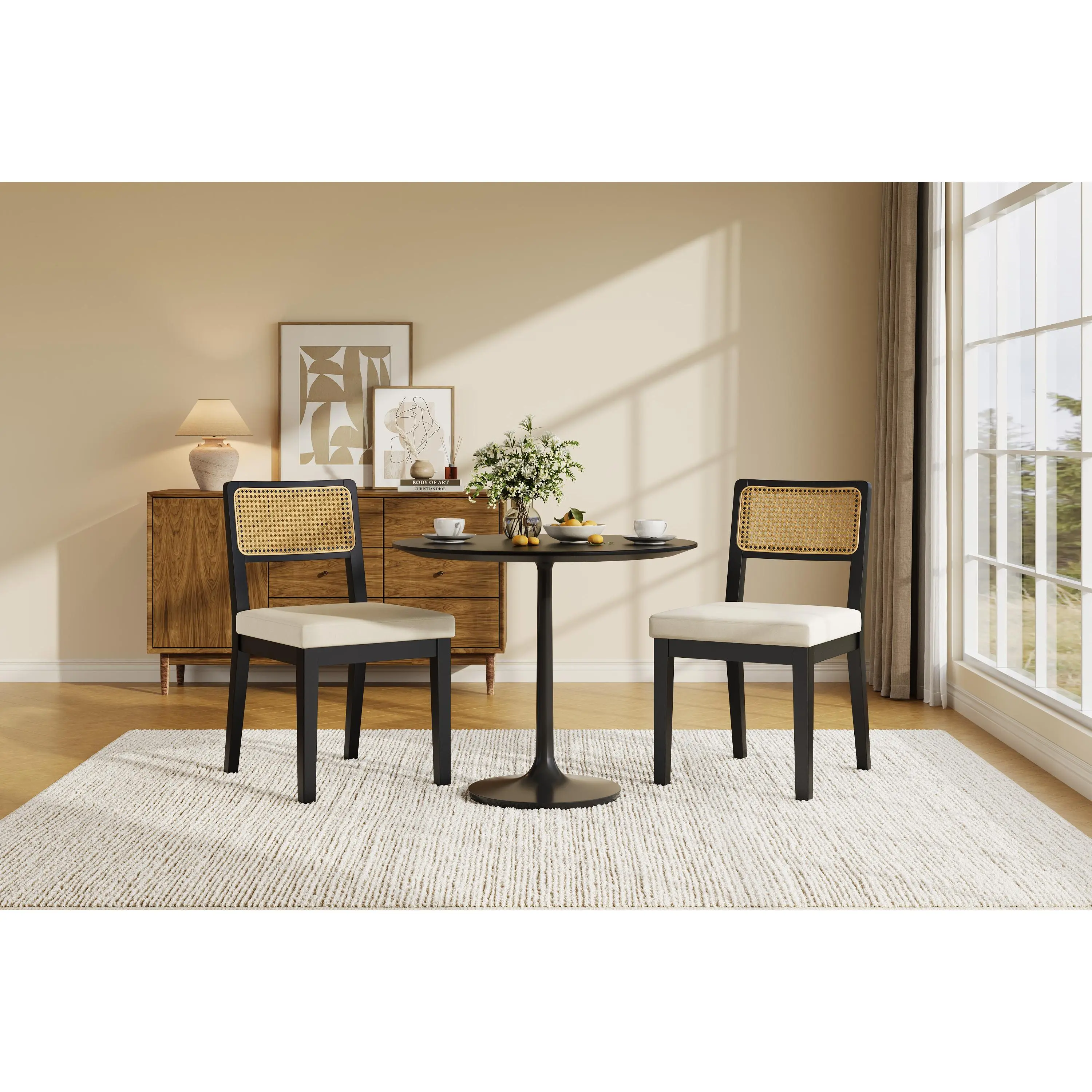 Modern Armless Rattan Dining Chairs, Set of 2 – Upholstered Linen Seat, Sturdy Wood Frame, Breathable Rattan Backrest – Ideal for Kitchen, Dining Room, Restaurant – Black