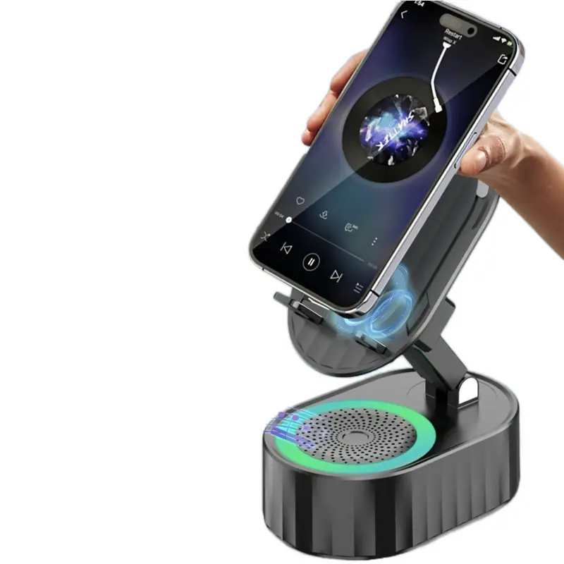 2025 New Wireless Induction Audio Bluetooth Speaker, 5 in1 Phone Holder Bluetooth Audio Power Bank Bracket with Anti-Slip Base, 300°Rotating Folding Lifting Charging Treasure Holder Cellphone Multifunctional Magnetic Multi-Angle