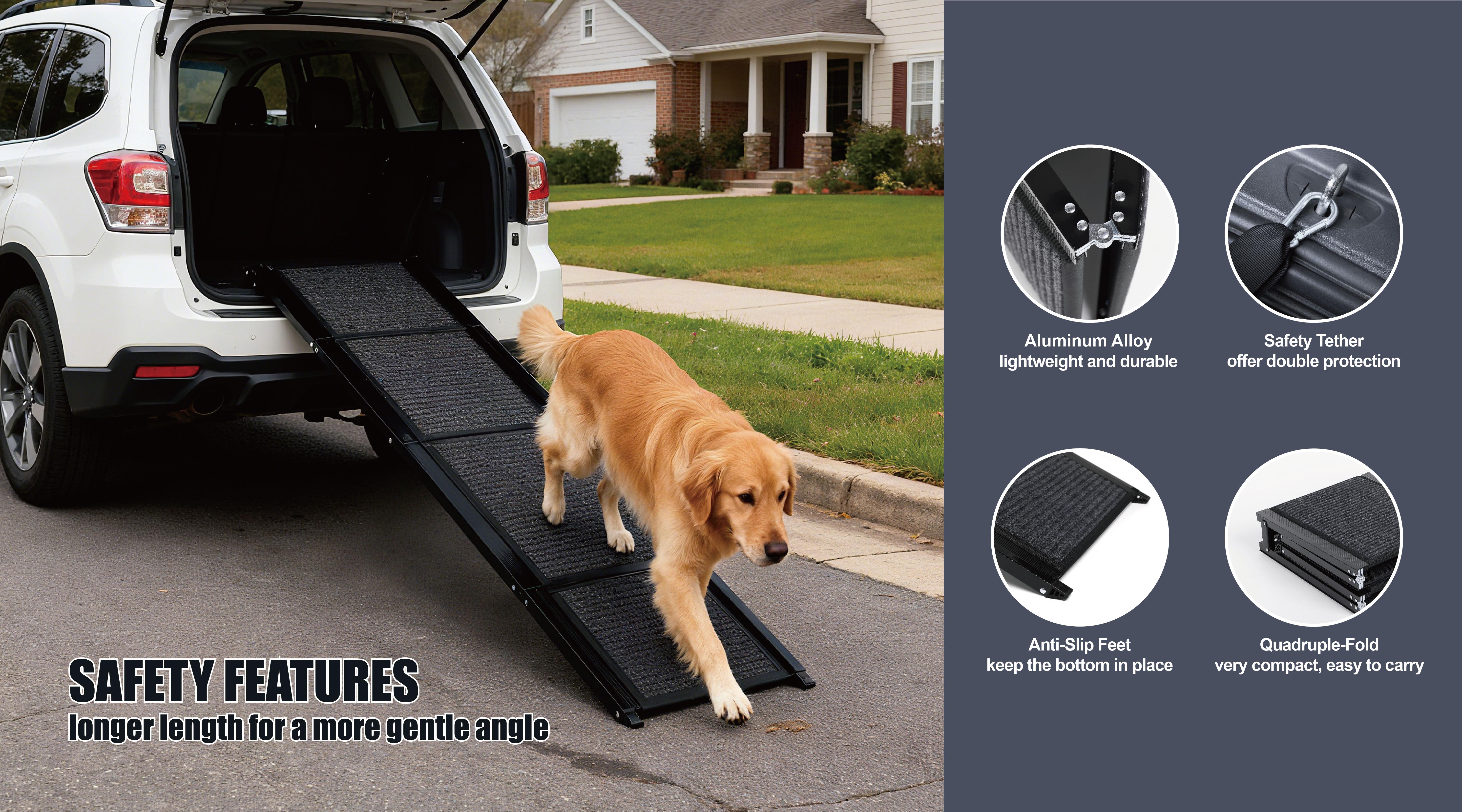 PETSO Large Dog Car Ramp 65" - Foldable Pet Stairs for Truck/SUV, 250LBS Capacity Non-Slip Outdoor Ramp, Easy-Store Portable Steps for Medium/Large Breeds