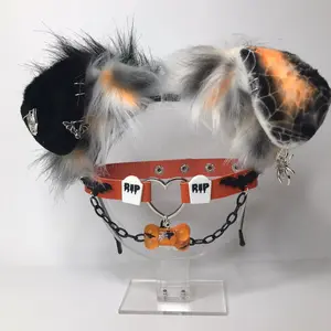 Orange black spider web cosplay ear necklace choker collar Halloween costume