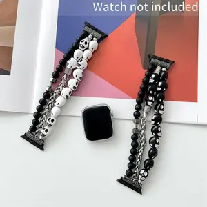 GIROUETTE Skull Shaped Beaded Bracelet Watch Band (Band Only), 1 Count Fashion Watch Band for Women, Replacement Watch Band for Apple Watch Series, Smart Watch Strap