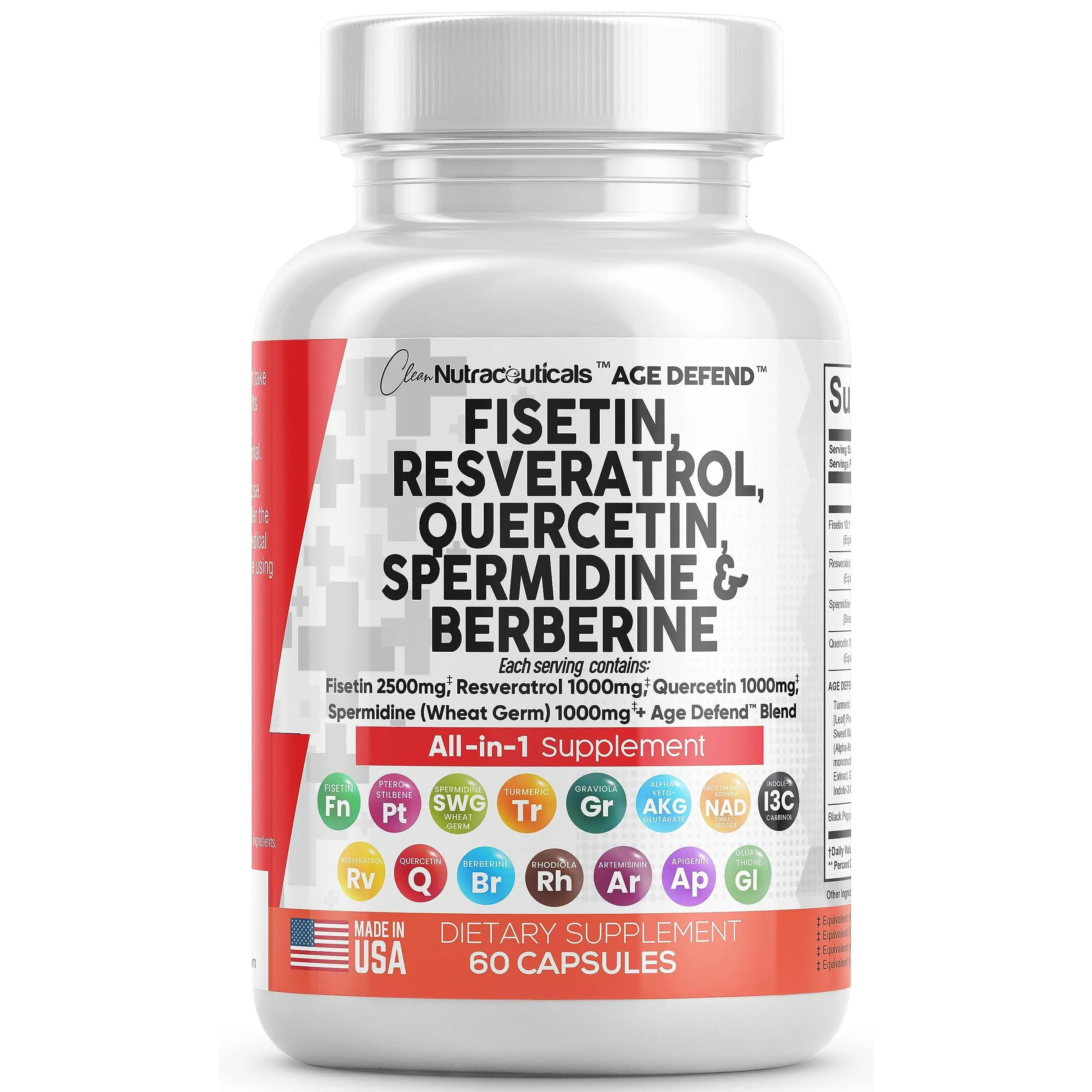 Clean Nutraceuticals Fisetin 2500mg Quercetin 1000mg Resveratrol with Spermidine Wheat Germ Extract - Health Dietary Supplement for Adults