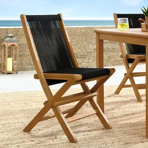 Vienna Outdoor Patio Teak and Rope Folding Chairs Set of 4 in Natural Black
