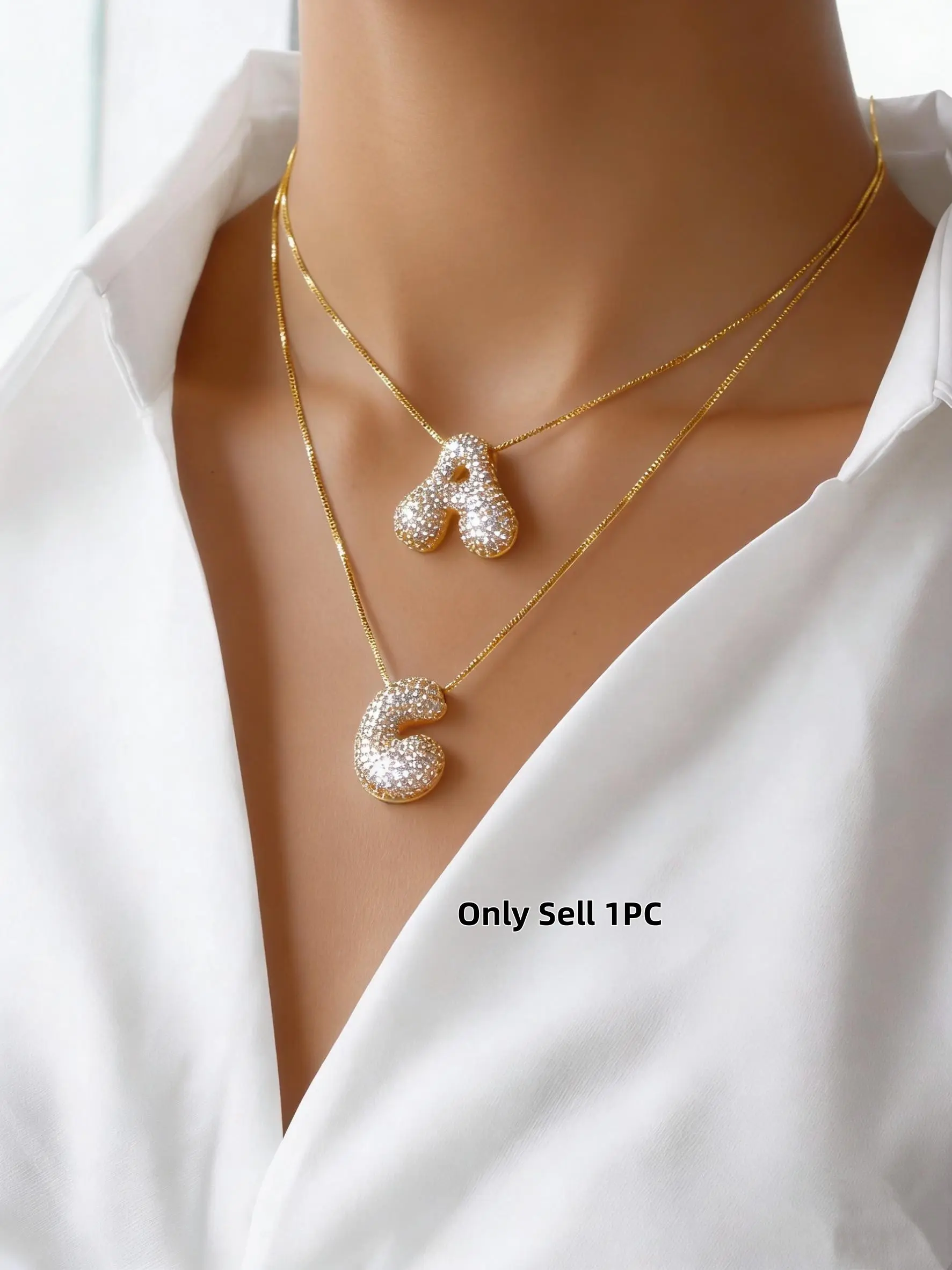 Cute 3D Letter Necklace, Luxurious Rhinestone Bubble Letter Pendant, Versatile Daily Wear Jewelry for Women, Rhinestone Accent, Rhinestone Decor Necklace