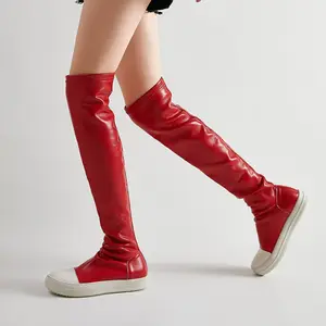 Stylish High Street Bright Knee-High Boots Elastic Closure Thick Sole Platform Red/Black Colorblock Women's Boots Versatile for Autumn Winter