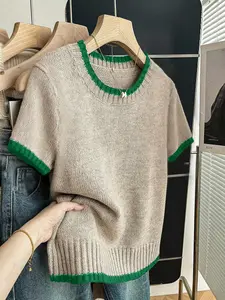 Women's Simple Round Neck Knitted Short Sleeve Top, Casual and Comfortable for Daily Commuting and Dating, Versatile Everyday Wear Knitwear