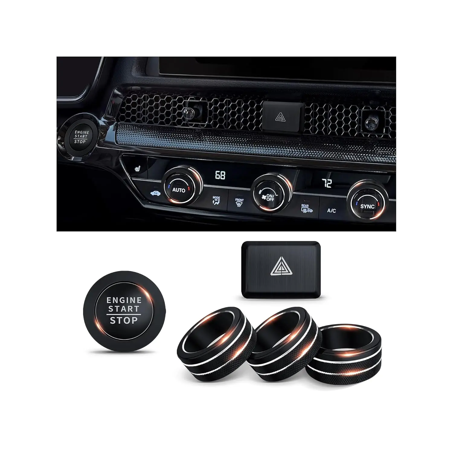 Applicable to 2022-2026 Honda Civic, 2023-2026 CRV/HRV/Acura, 2023-2025 Accord and 2025 ADX Accessories - 6-Piece Aluminum Alloy Knob Cover Decoration Set for Push Start, Air Conditioning, and Hazard Lights (Black), 6-Pieces, Aluminium Alloy