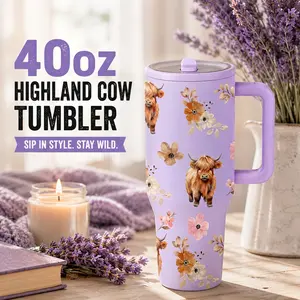 1 Pc 40oz Highland Cow Floral Insulated Tumbler, Double Wall, Leak-Proof, Keeps Hot for 12hrs, Keeps Cold for 24hrs, Perfect for Daily Use, Office, Travel, Outdoor, Stylish & Durable, Ideal Gift for Cow Lovers, Women, Mother’s Day, Holidays