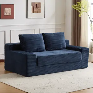Loveseat Sofa, Comfortable Deep Seat Sofa Bed, Modern Small Corduroy Couch for Living Room Bedroom,Reversible Cushion with Pillows,No Assembly Required, Dark-blue   WL RR