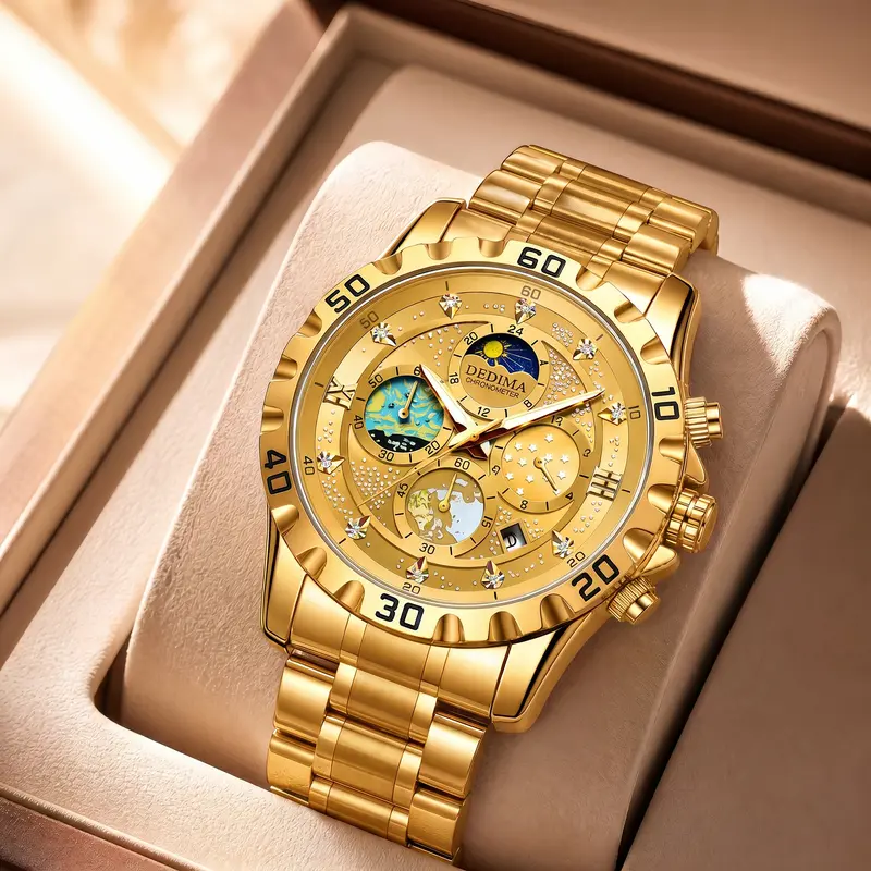 Collectible-grade all gold luxury men’s watch featuring a Earth dial with constellations and diamond accents; large dial, business style—an ideal Valentine’s Day or birthday gift for a boyfriend or husband — DDM507