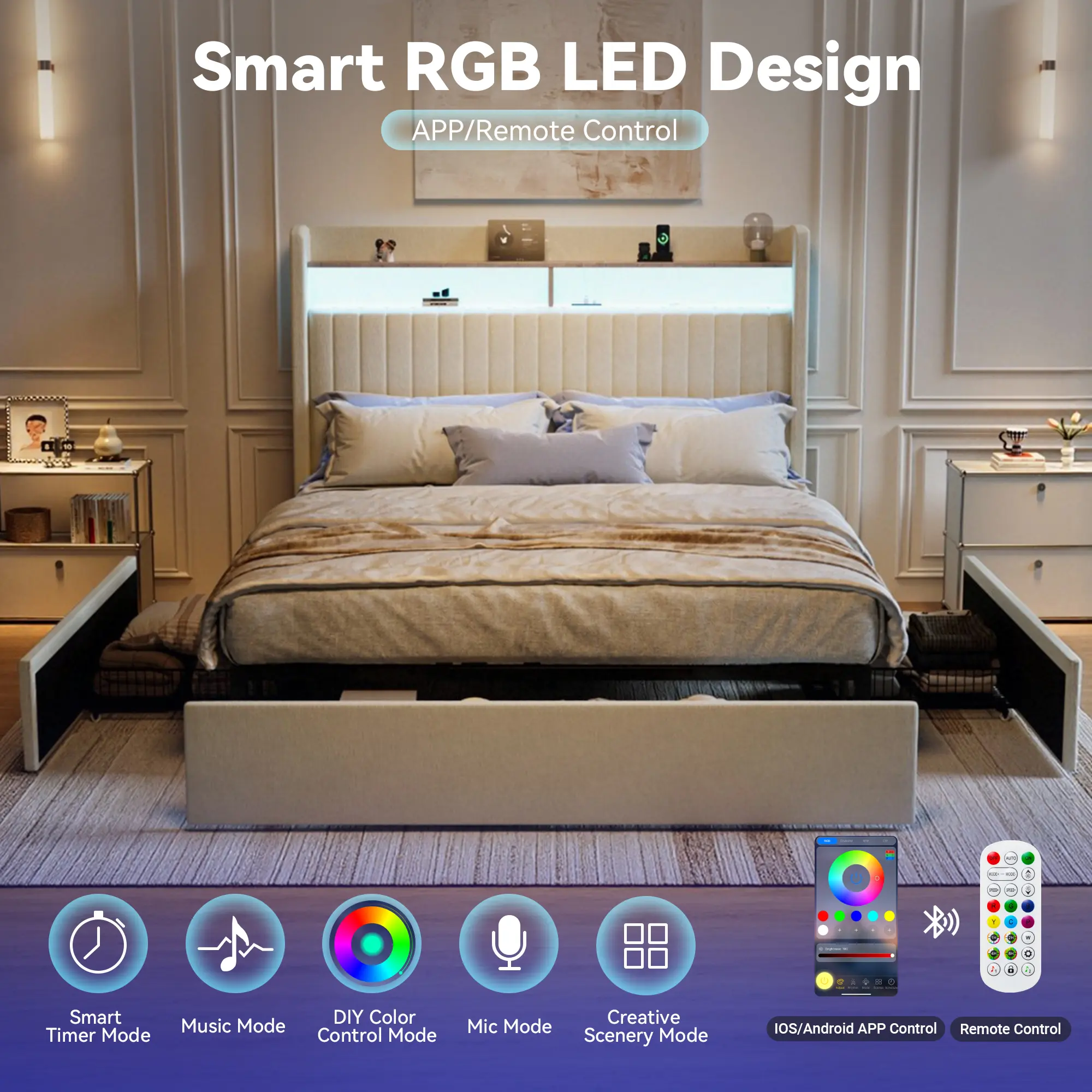 HOOMIC Upholstered Platform Bed Frame, 3 Spacious Storage Drawers, Built-in LED Lights & Charging Station, Vertical Tufted Headboard with Storage Shelf, No Box Spring Required