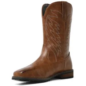 Men's Cowboy Boots Square Toe Western Boots Classic Embroidered Boots Slip Resistant Chunky Heel Pull On MidCalf Boots