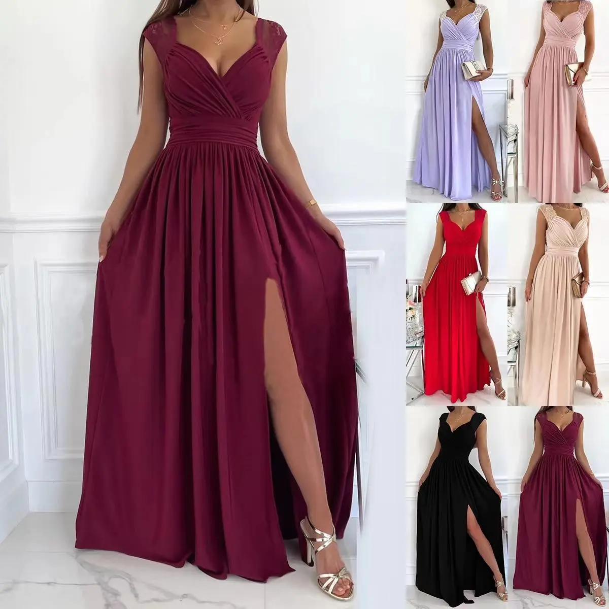 Womens Formal Dresses Wrap V-Neck Ruched Sexy Bridesmaid Wedding Guest Maxi Dresses