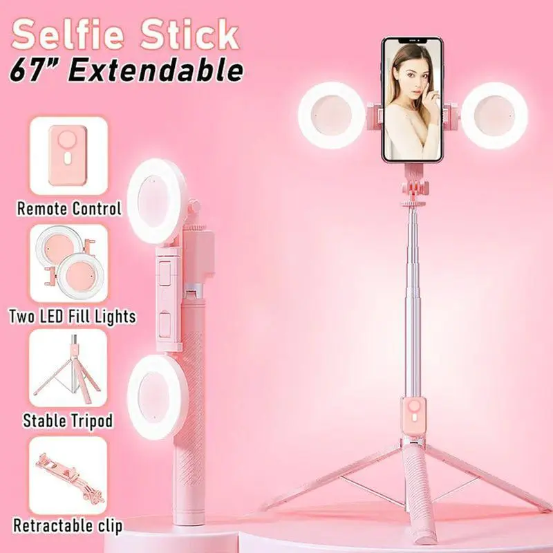 67 Multifunction Selfie Stick Tripod with Dual Fill Ring Lights, 360° Rotation, New 6-in-1 Bluetooth Remote Compatible with iPhone/Android/iPad/iOS for Photo/Video/Live/Music/Vlog Stand Content Gifts Wireless Pink