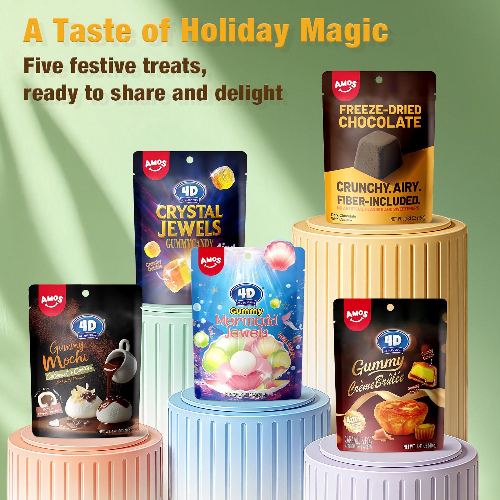 AMOS 4D Holiday Gummy Gift Set – Crystal Jewels, Mermaid, Mochi & Crème Brûlée Gummies with Freeze-Dried Chocolate | A Festive Candy Variety Pack for Sweet Celebrations Sweet Bonbon AMOS 4D Holiday Gummy Gift Set – Crystal Jewels, Mermaid, Mochi & Crème Brûlée Gummies with Freeze-Dried Chocolate | A Festive Candy Variety Pack for Sweet Celebrations Sweet Bonbon