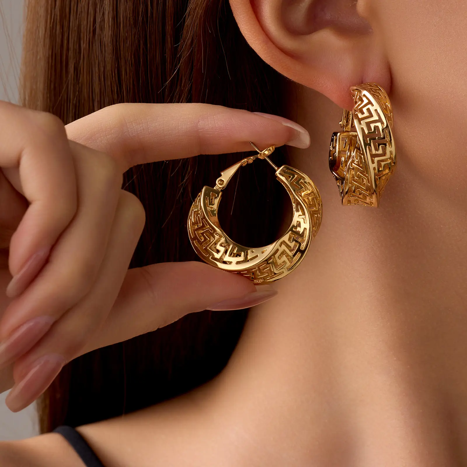 Luxury Vintage Hollow Long Dangly Hoop Earrings - Copper Geometric Plaid Patterned Jewelry, Gold Statement Costume Earrings for Sophisticated Personal Style, Gold Statement Earrings, Jewelry Patterned Earrings Ear Accessories