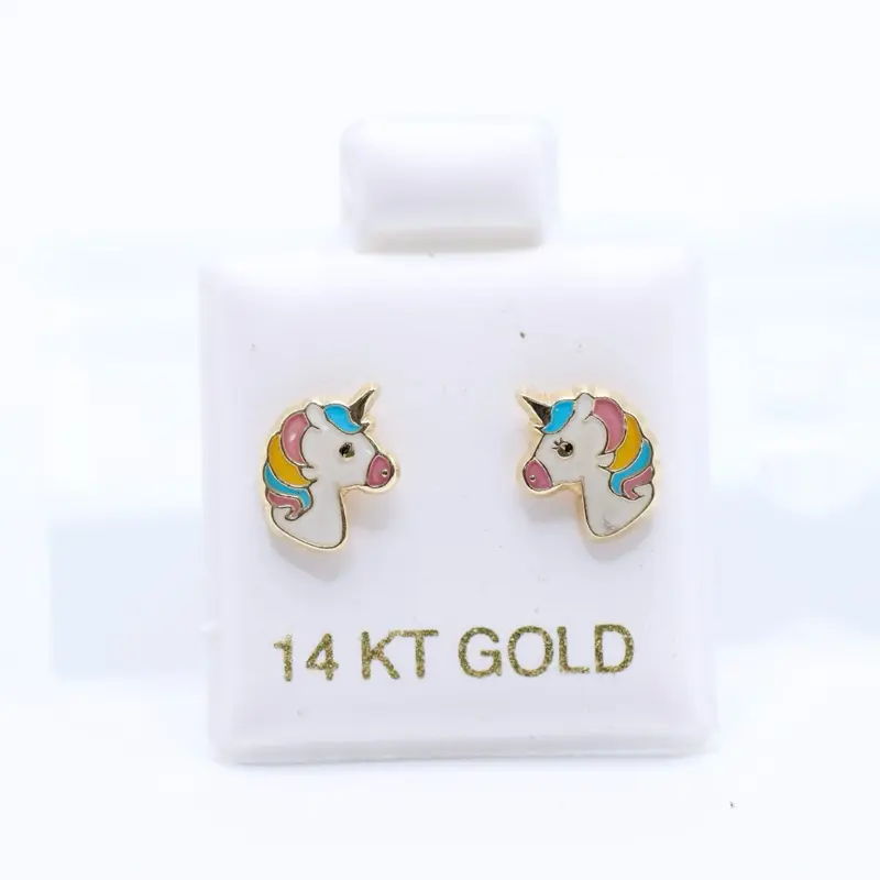 14KT Gold Unicorn Colorful Earrings Screw On