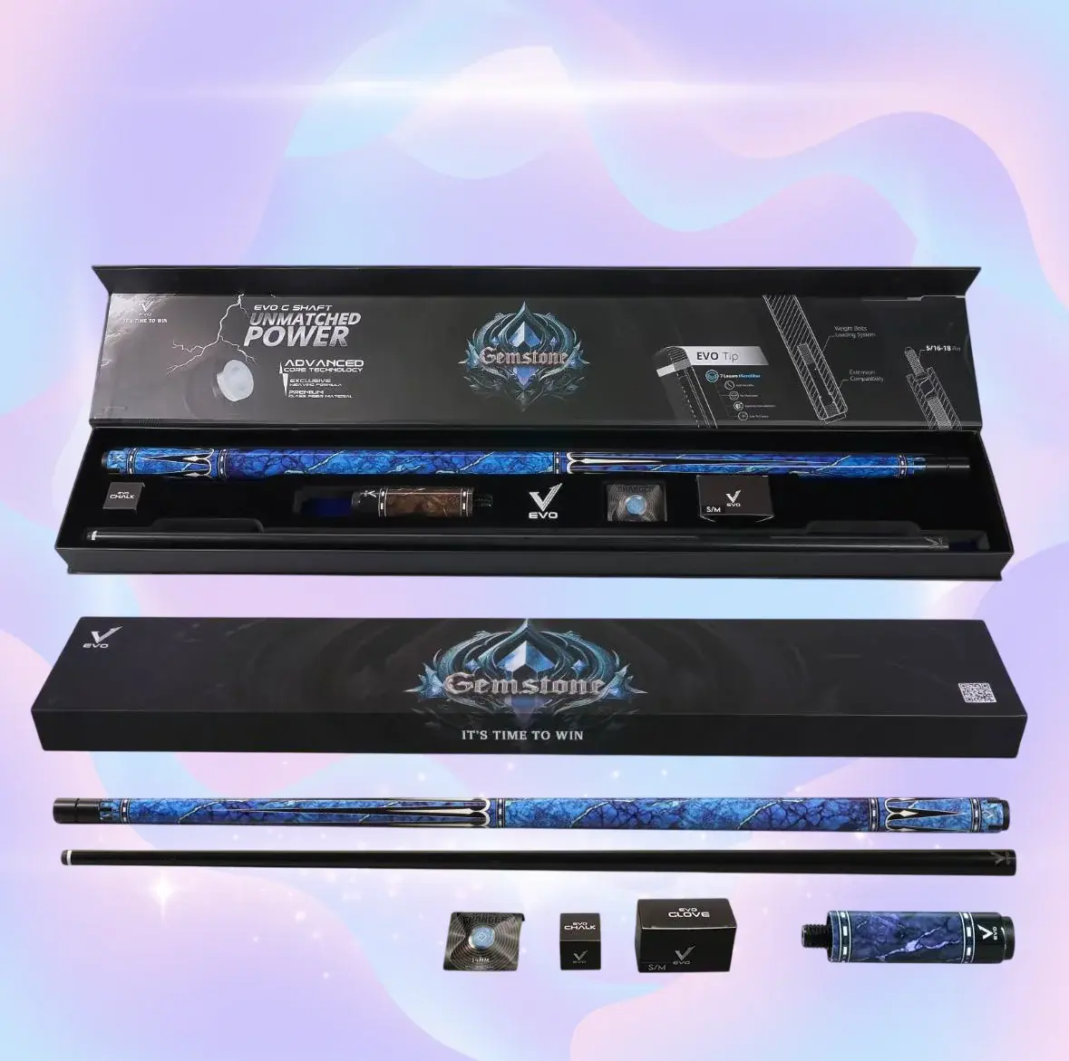 Evo Gemstone Skyflare by Maxbing — Premium Glassfiber & Carbon Pool Cue Kit with Thin Conical Taper Shaft, EVO 12.5mm Tip, Wrapless Grip, 5/16-18 Joint, 29" Shaft & Butt, 19–19.5oz (Emerald/Ruby/Amethyst)