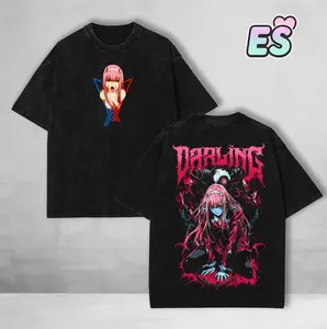 Zero Two Darling in the Franxx Vintage Washed Tee Unisex Oversize Heavyweight Cotton Anime Graphic Crewneck Soft Tops Natural Shade T-shirt Anime Gift
