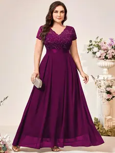 【Plus Size】Miusol YP54214 Women's V-Neck Floral Lace Elegant Fit and Flare Style with Short Sleeves Wedding Party Dress