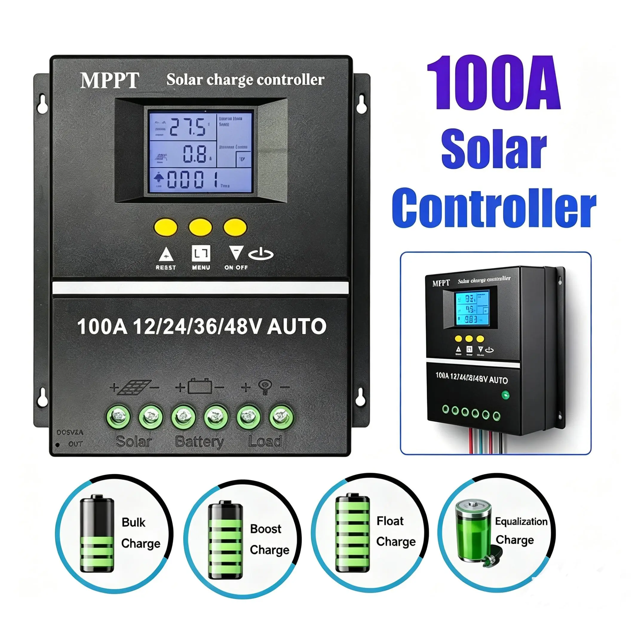 4000W 100A MPPT Solar Charge Controller, Auto 12V/24V/36V/48V, LCD Display Dual USB Port & Multi Protection