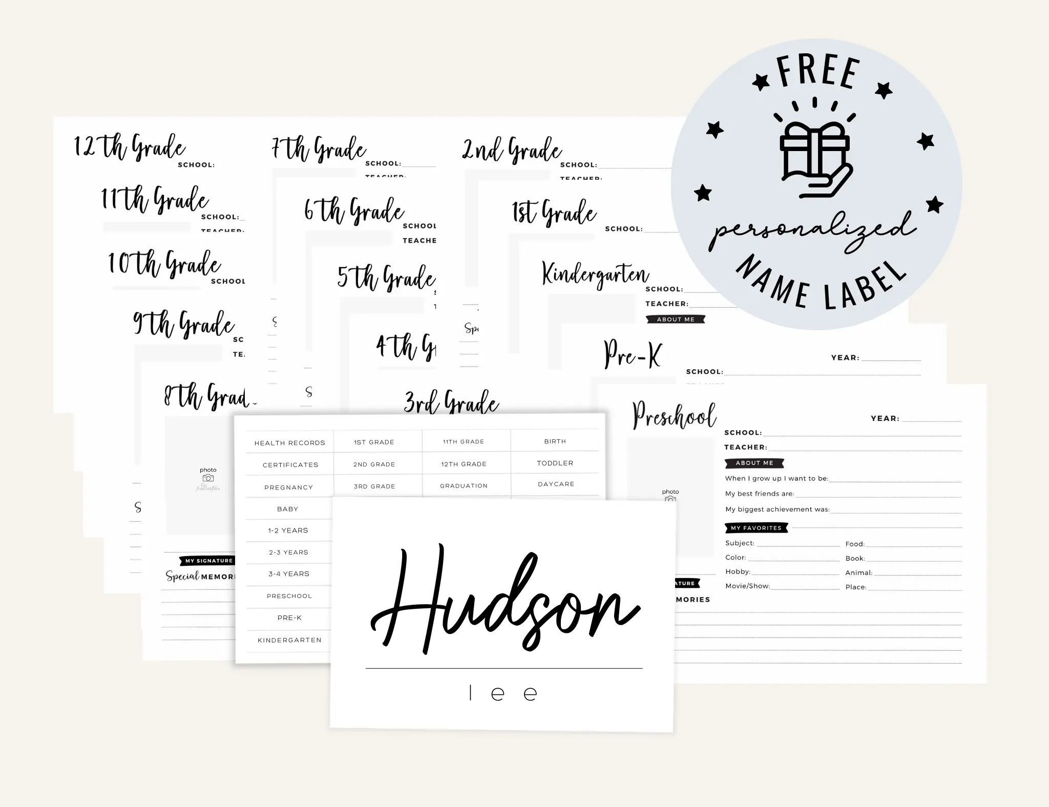 Keepsake Memory Organizer: Personalized Labels, School Year Memory Sheets, and Comprehensive File Tabs for Organizing Childhood Treasures and Achievements
