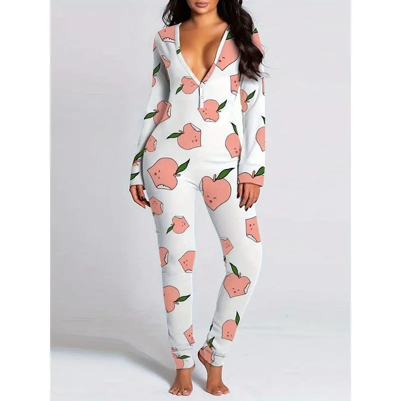 Women'S Sleeping Romper, Christmas Pajamas, Long Sleeve V-Neck Printed Loose Detachable Crotch Elastic Black Cotton Loungewear Women'S Sleeping Romper, Christmas Pajamas, Long Sleeve V-Neck Printed Loose Detachable Crotch Elastic Black Cotton Loungewear