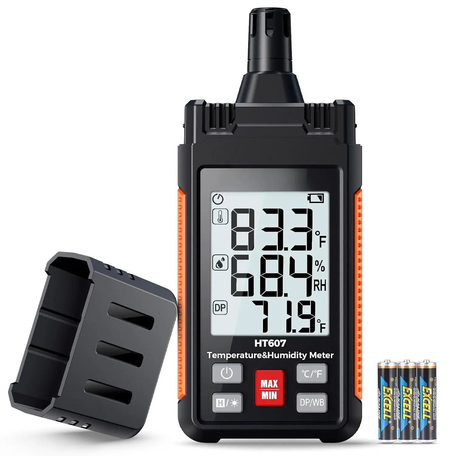 HT607 Temperature Humidity Meter High Precision Digital Hygrometer with Ambient, Relative Humidity, Dew Point, Wet Bulb , Min/Max Hold, LCD Backlight with Cover Protector