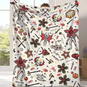 Hellfire Club Flannel Blanket， Demogorgon and Fantasy Weapon Pattern， Soft Cozy Warm Durable Throw for Bedroom Living Room Gaming Lounge Halloween Gift Movie Fan Decor summerwins