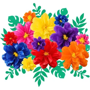 Large Colorful Tissue Paper Flowers 20" 10" Giant Mexican Fiesta Paper Pom Poms with Leaves, Crepe Flowers Craft for Wall Backdrop Birthday Party Wedding Decor (Elegant Color)