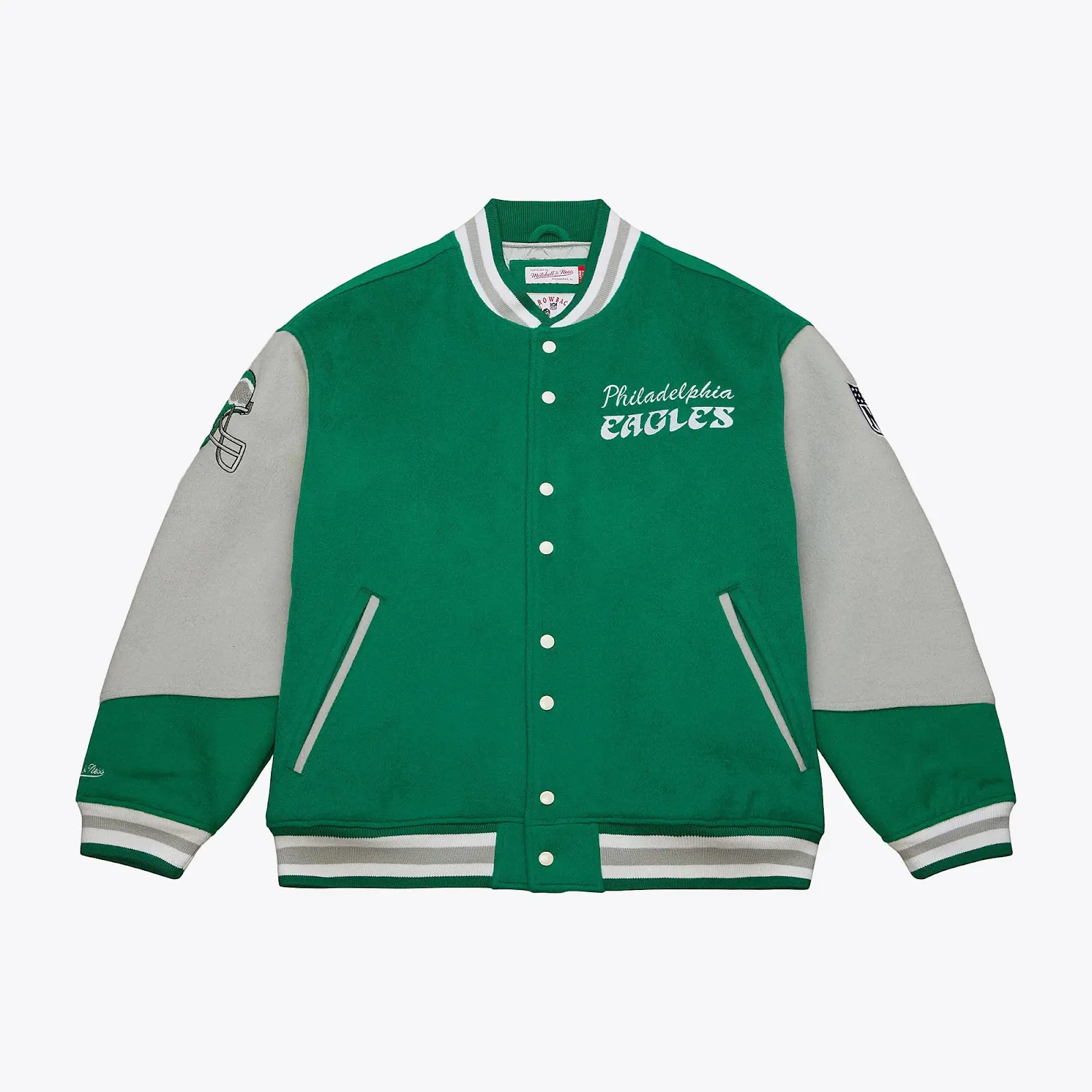 Philadelphia Eagles Kelly Green Vintage Full-Snap Varsity Jacket - Mitchell & Ness NFL Throwback, Retro Varsity Jacket