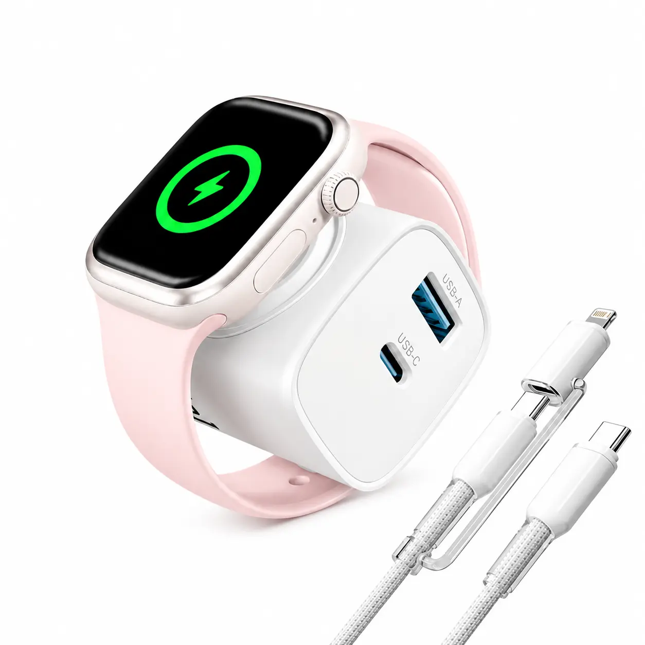 3-in-1 Magnetic Charging Block Compatible with Apple Watch, Compact Travel Charger for Apple Devices, USB-C & USB-A Fast Charger Adapter with 2-in-1 USB-C/Lightning Cable