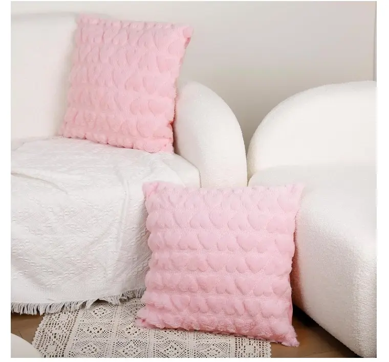 Valentines Day Decor-Throw Pillow Covers 18x18in Set of 2,Pink Soft Plush Faux Fur Pillow Case with Heart for Large Couch Sofa Home Indoor