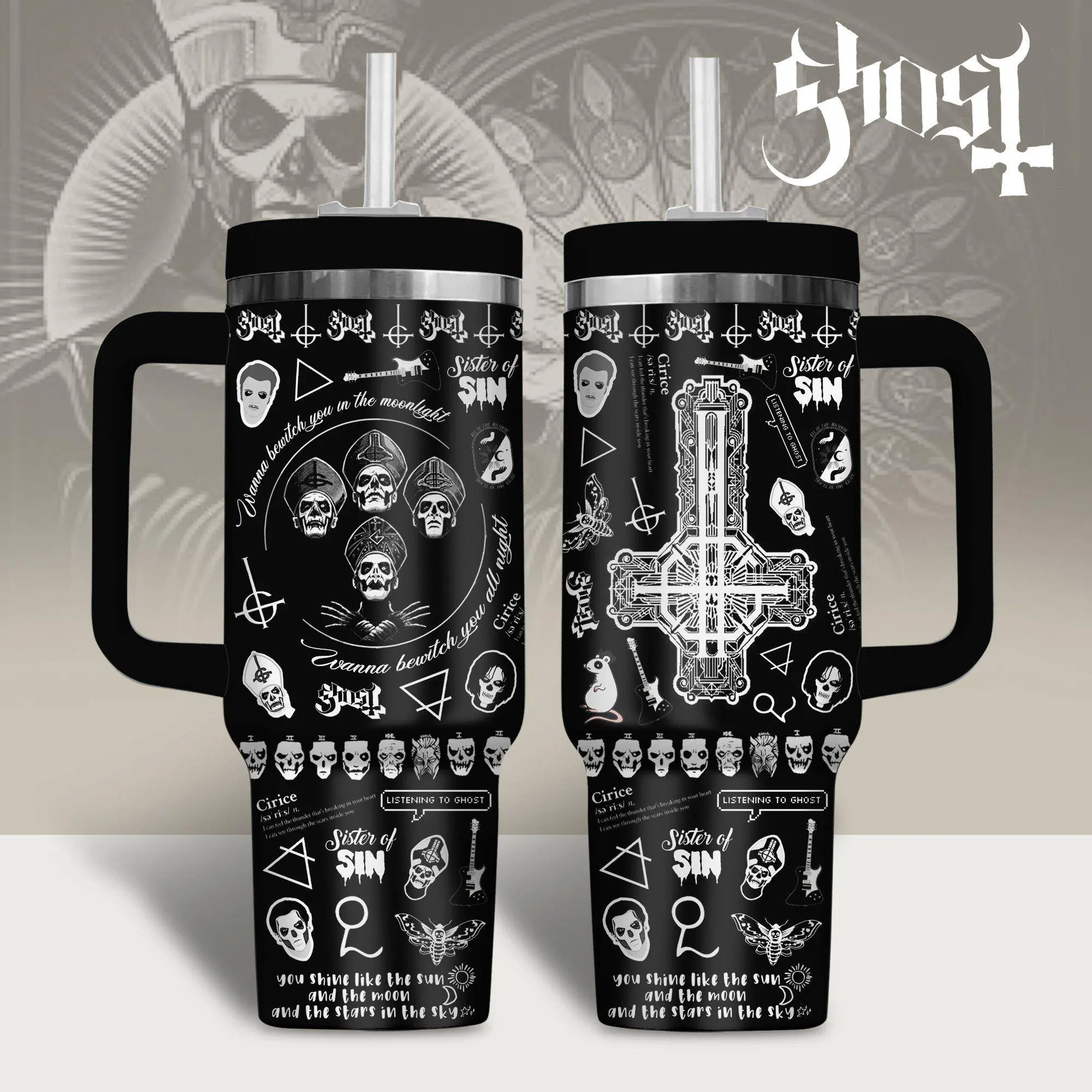 Ghost Band 40oz Tumbler With Handle, Ghost Sister of Sin Travel Mug, Ghost Papa Emeritus Gothic Skull Stainless Steel Insulated Cup, Rock Metal Fan Gift, Halloween Drinkware
