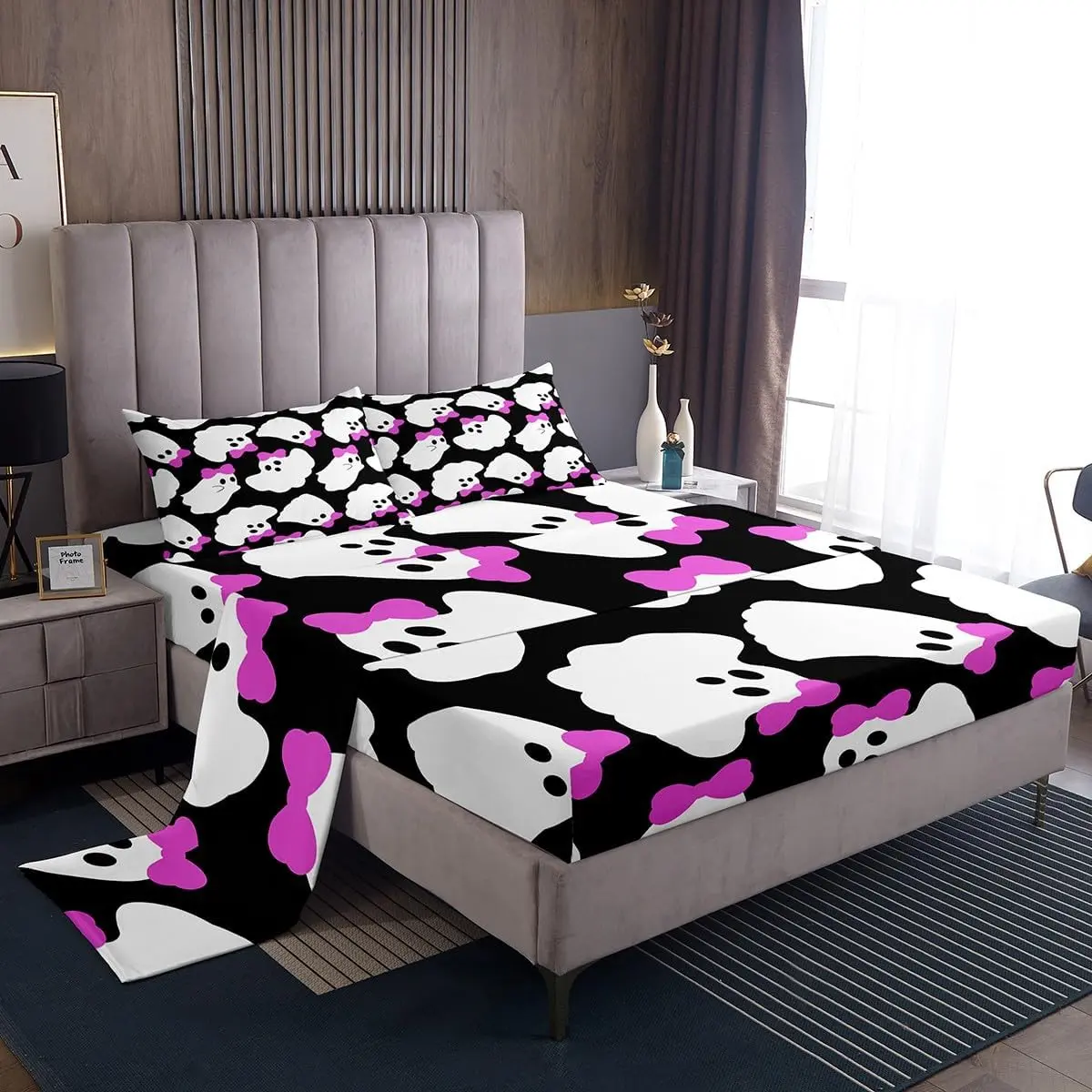 Feelyou Kids' Ghost Print Bedding Sets - Multi-Size Halloween Fitted Sheet with Deep Pockets, Bowknot Spooky Decor, Breathable Cloth, Bed Sets Supplies
