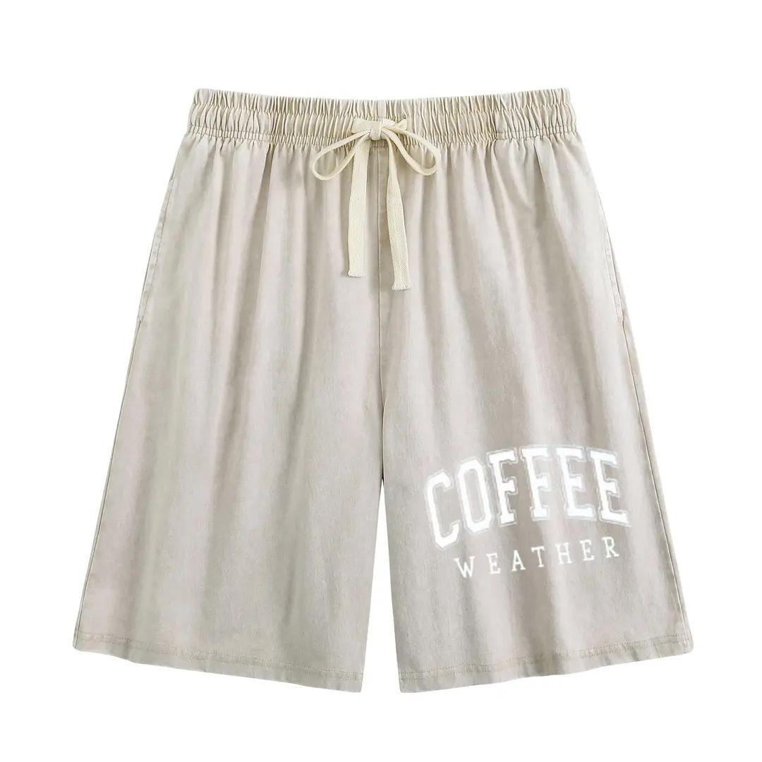 Unisex Vintage Print Acid Washed Sweat Shorts, Breathable Cotton Casual Shorts with Elastic Waist and Functional Pockets baggy comfy