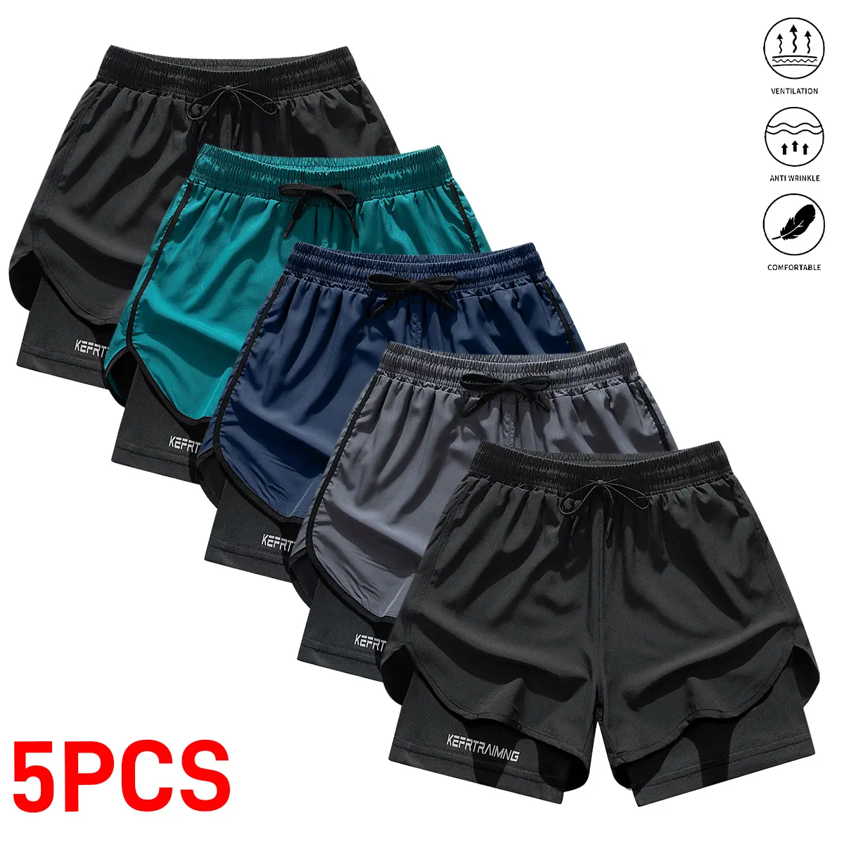 5PCS men’s casual athletic shorts—lightweight shorts for gym and travel with an adjustable waistband, 2-in-1 built-in liner, comfortable fit, and pocket details; ideal for sports, outdoor activities, and casual wear.