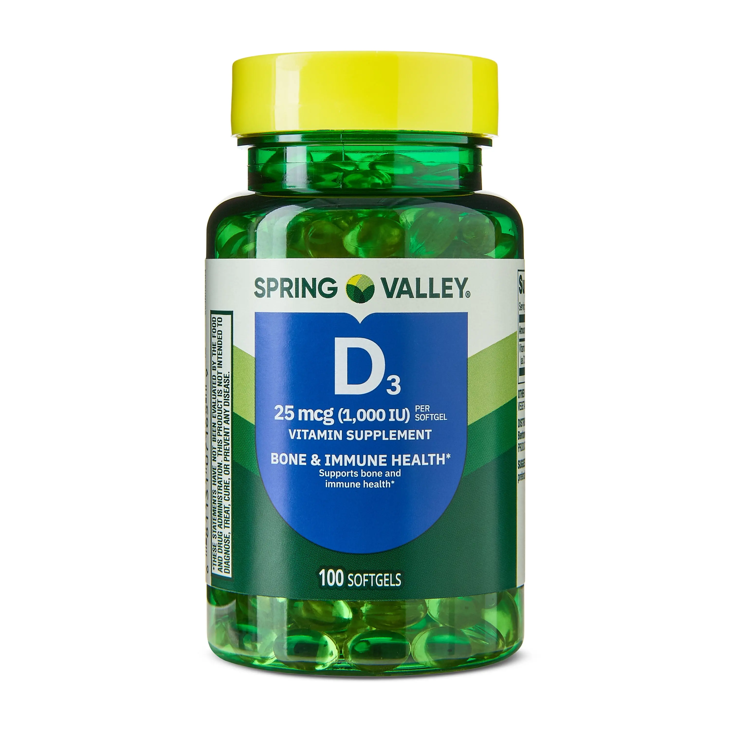 Spring Valley Vitamin D3 Softgels 25 mcg 1000 IU 100 Count Bone & Immune Health Supplement for Strong Bones and Immune Support