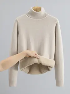 Women's High Neck Knit Sweater - Fall Winter Casual Daily Wear Long Sleeve Plain Fashion Jumper