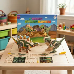 DIY Wooden Dinosaur Madness Kit with Stickers (T-Rex & Stegosaurus)