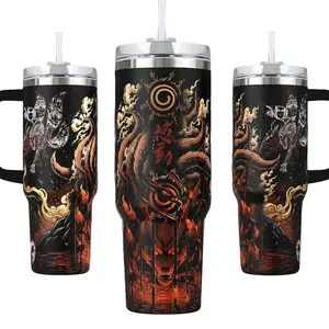 Kurama Nine-Tails Fox Tumbler, Naruto Shippuden Sage Mode 40oz Cup with Handle, Kyuubi Seal 20oz Stainless Steel Travel Mug, Anime Ninja Gift, Kurama Inspired Insulated Tumbler