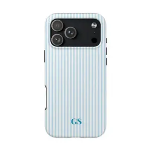 Personalized Blue Striped Leather Smartphone Case - Durable Shockproof Cover with Tracker, Magnifying Glass, Custom Monogram - Aesthetic Preppy Coastal Minimalist Accessory for iPhone with Protection