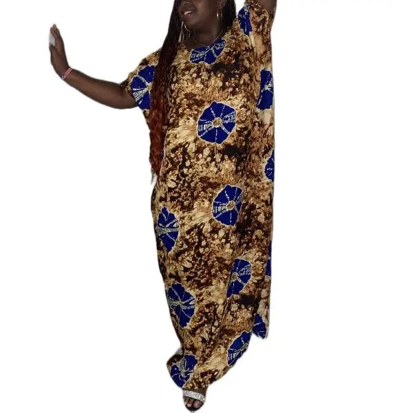 African Print Maxi Dress, Blue and Brown Batik Pattern, Short Sleeve, Loose Fit Kaftan Style