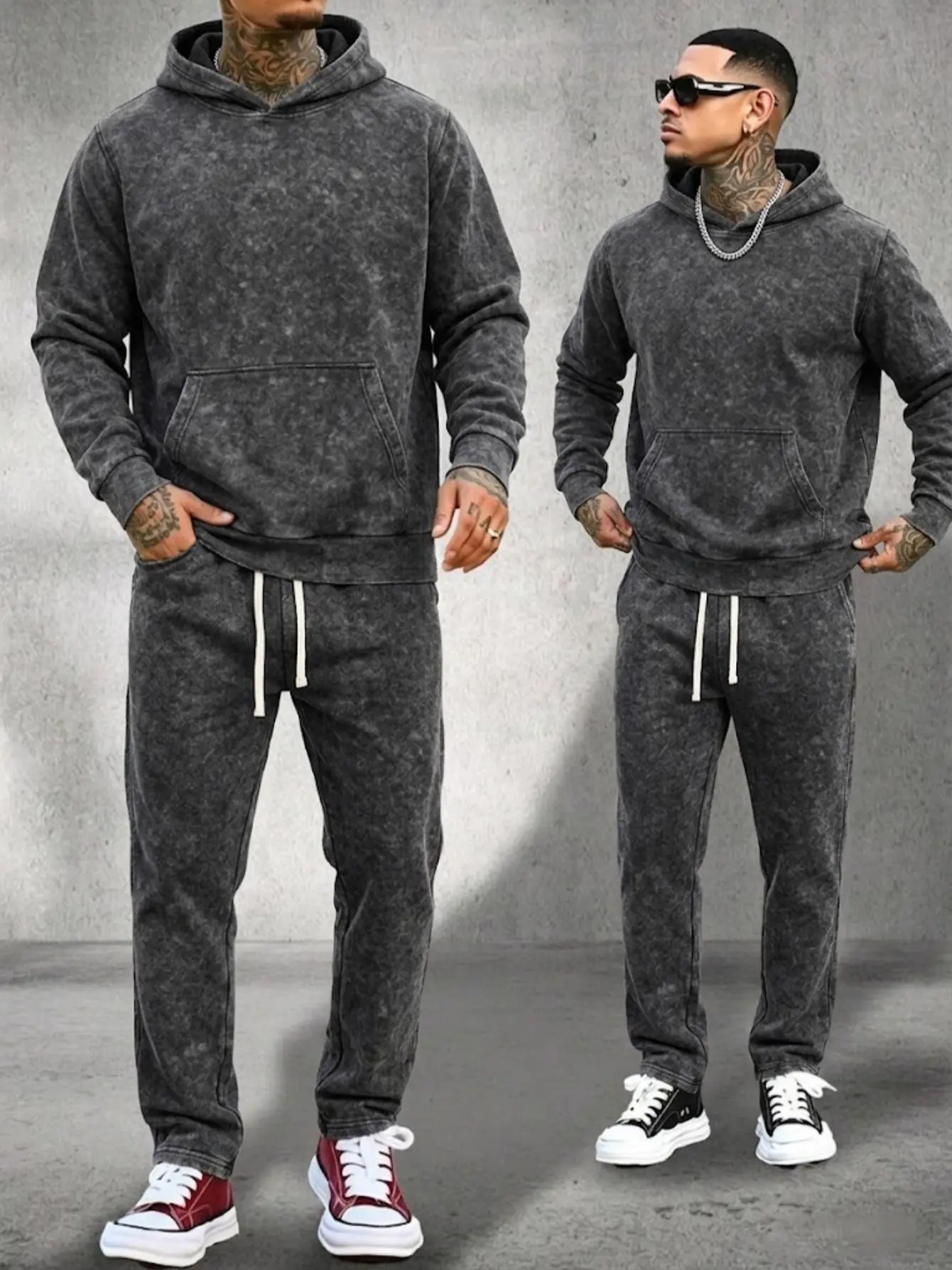 Men's Acid Wash Hoodie and Sweatpants 2-Piece Set Vintage Loose Fit Pullover Hooded Sweatshirt Straight Leg Tracksuit Cotton Casual Streetwear Matching Sweatsuits Plain Athletic Jogging Outfits Spring Autumn Everyday Wear Retro Washed Unisex Clothes