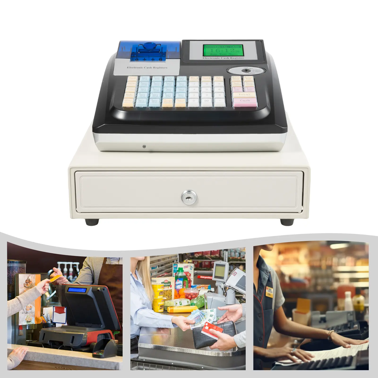 Compact 48-Key Electronic Cash Register with Customer Display, Thermal Receipt Printer, USB-RS232 Connectivity, Inkless Thermal Label Maker, Heat Transfer Printing Machine for Retail Stores